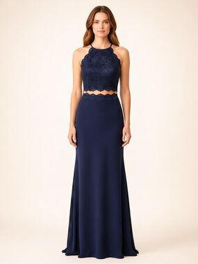 Dancing Queen Navy Blue Beaded Lace Two Piece Halter Prom Gown XL NWT